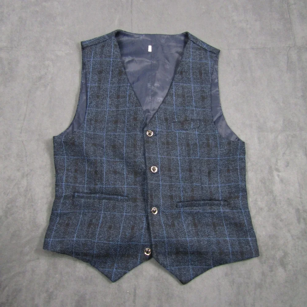 Plaid Suit Vest Men 2XL Blue Black Checkered Formal Waistcoat Slim Fit Wedding
